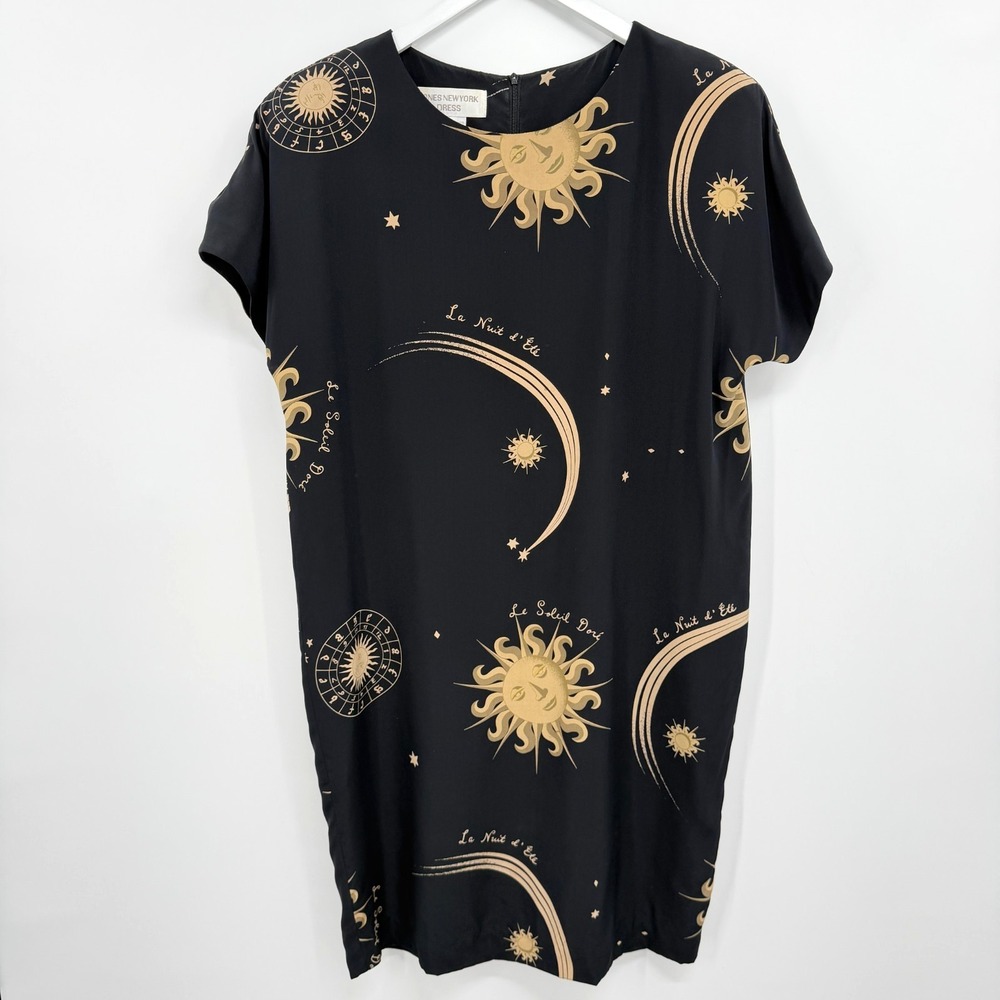 Vintage 90s Celestial Print Dress Size 12 Shoulder Pads 100% Silk Astrology M L